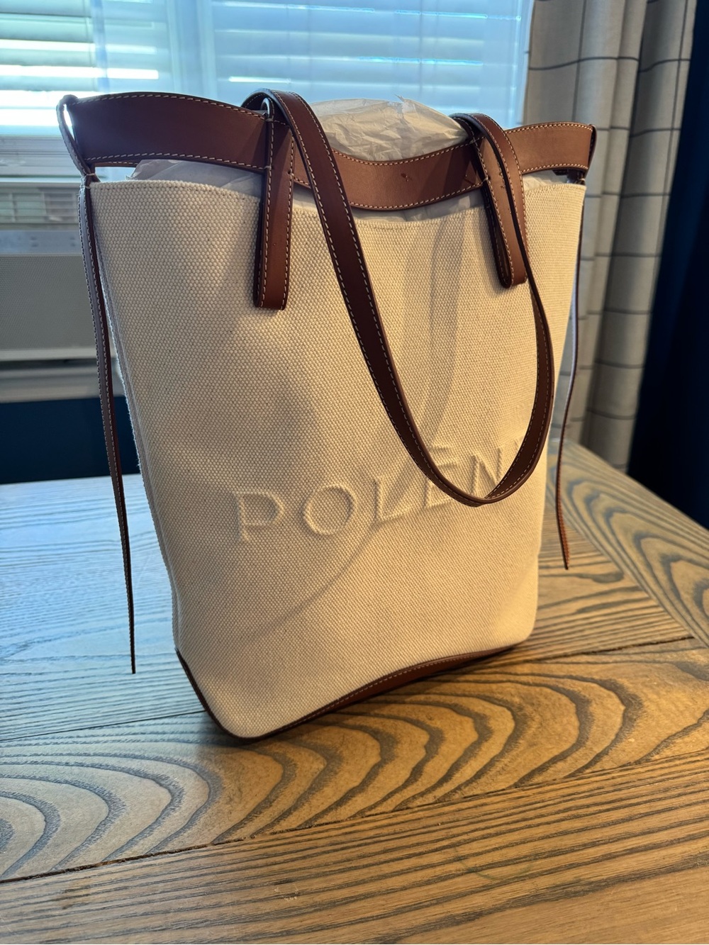 Polene Ilo Cream Canvas Tote with Brown Leather Trim